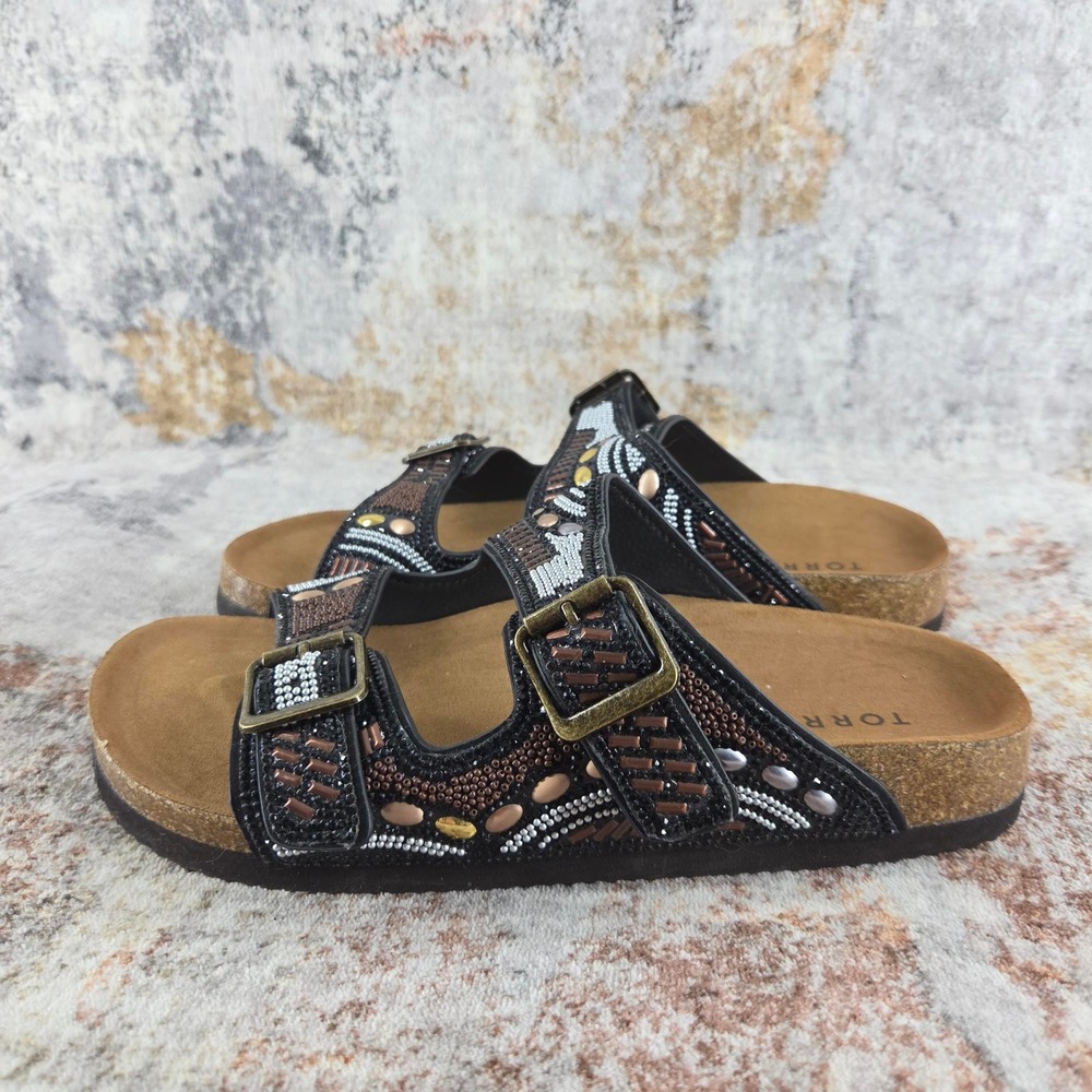 Torrid Beaded Double Buckle Cork Slide Sandals Womens 7.5WW Black Boho Festival - Picture 8 of 13